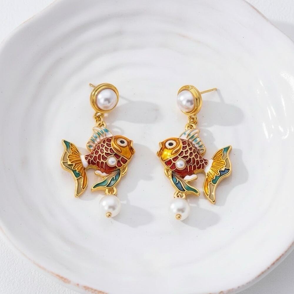 Fish Earrings VTG Gold Koi Museum Goldfish Pearl VTG Revival Nouveau Art Deco CZ